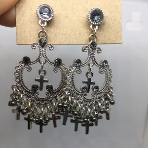 Gorgeous cross dangled earrings smoky crystals